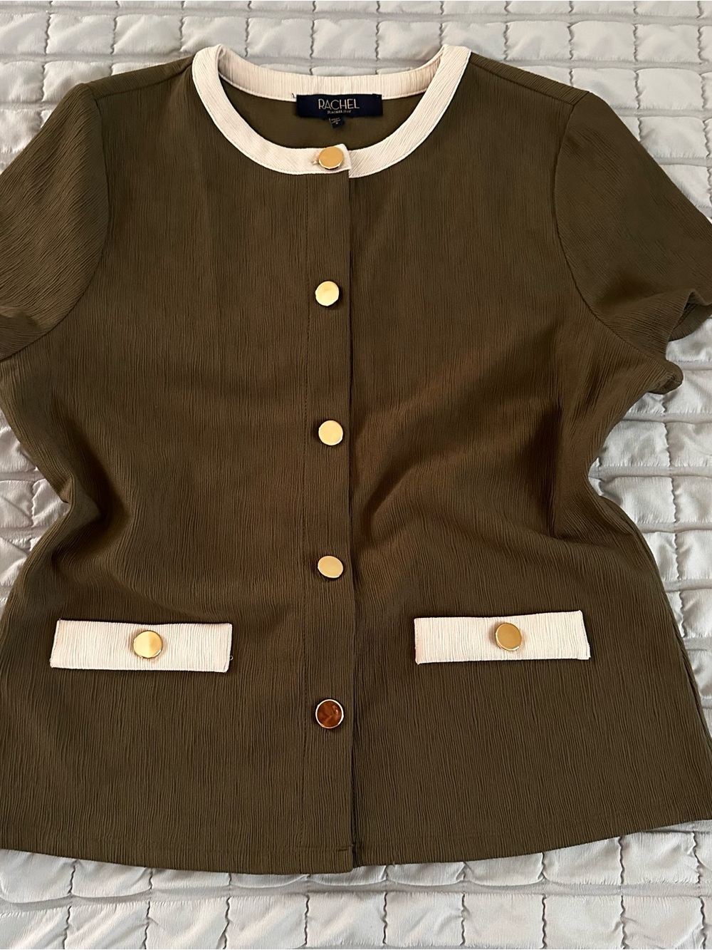 Rachel Olive Green Short Sleeve Button Front Shirt with Cream Trim